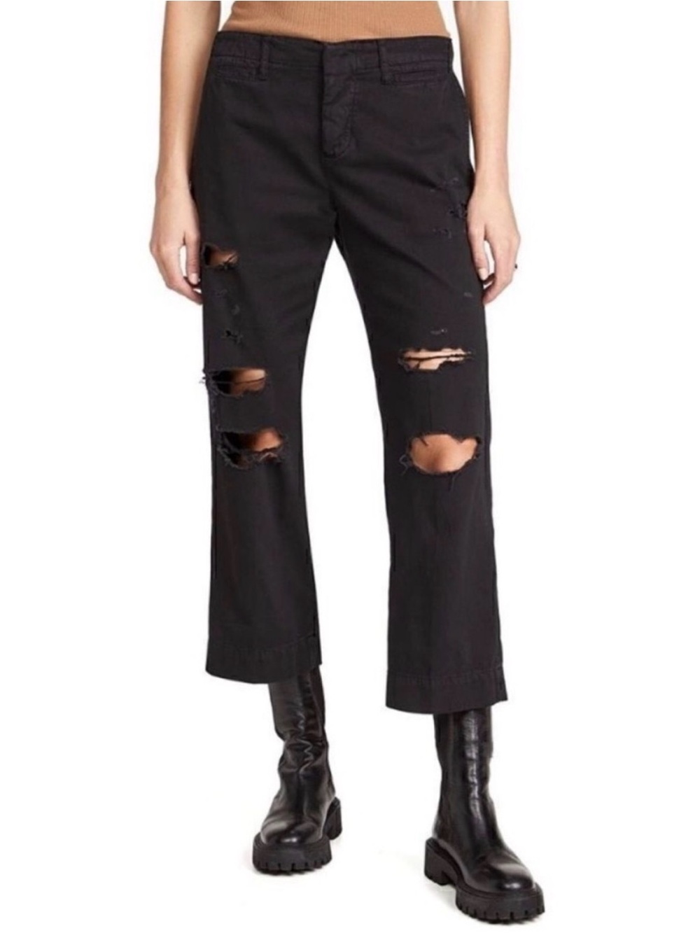 FRAME DENIM Le Tomboy Washed Noir Rips Black Denim Twill Grunge Trousers EUC 29